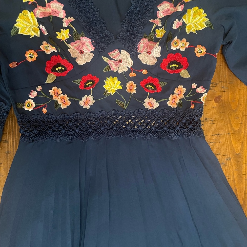 Floral Embroidered Navy Dress. Perfect for Wedding Guest. Sheer midriff. - Picture 3 of 7